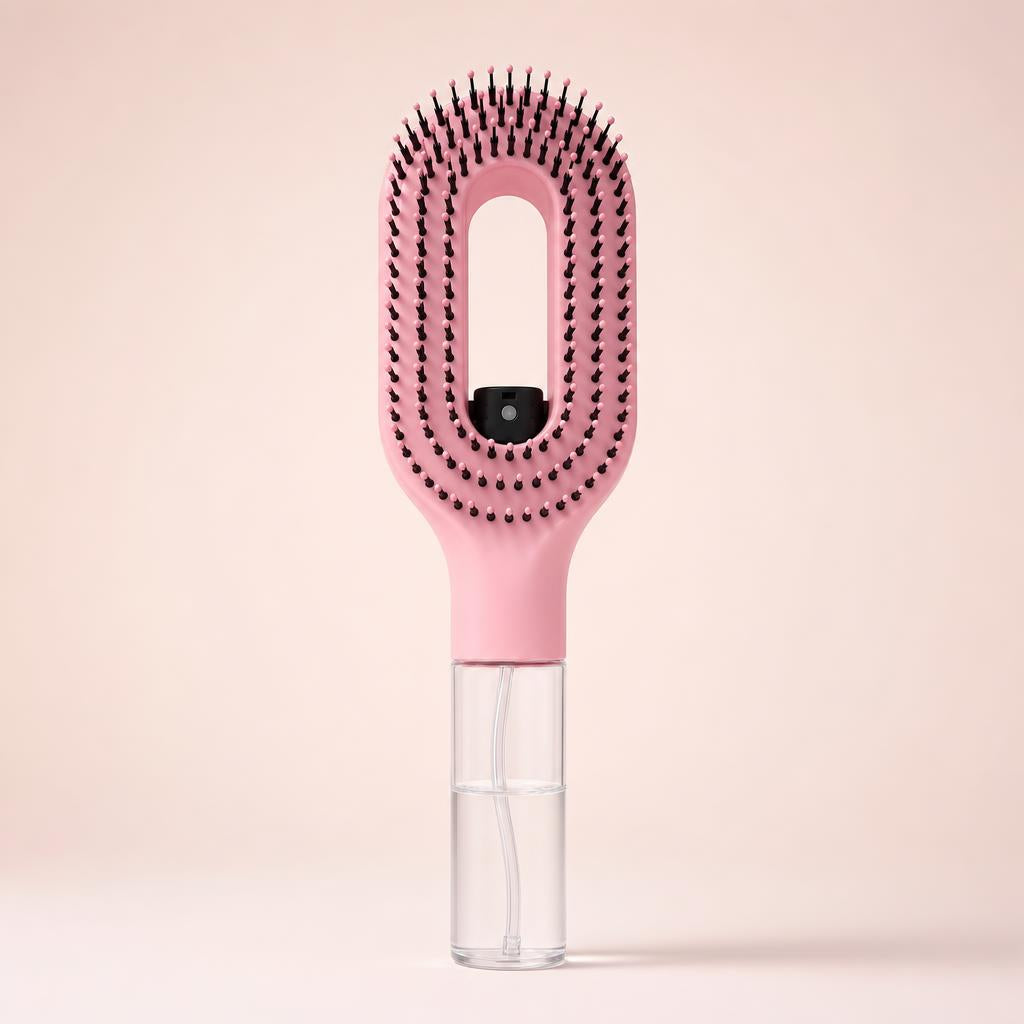 Luvandra 2-in-1 misting detangler brush, front view with refillable water reservoir handle
